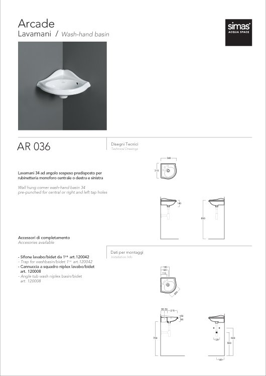Схема Simas Arcade умывальник 340х340 AR036 Simas Arcade умывальник 340х340 AR036 фото цвет разремы цена доставка