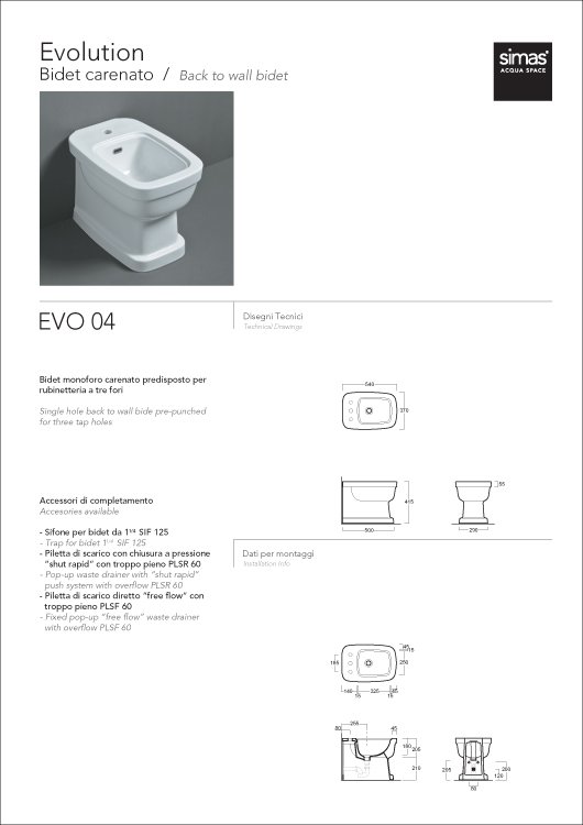 Схема Simas Evolution биде напольное 540х370 EVO04 Simas Evolution биде напольное 540х370 EVO04 фото цвет разремы цена доставка