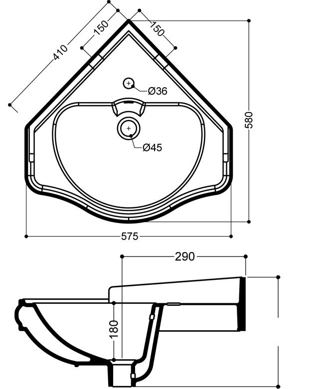 Техническая схема Kerasan умывальник подвесной угловой  1032 41х58 см коллекция Retro фото цвет цена грн доставка описание