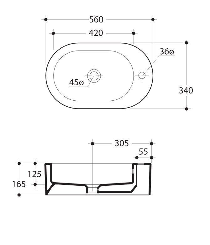Техническая схема Kerasan умывальник накладной 3145 36х54 см коллекция Flo фото цвет цена грн доставка описание