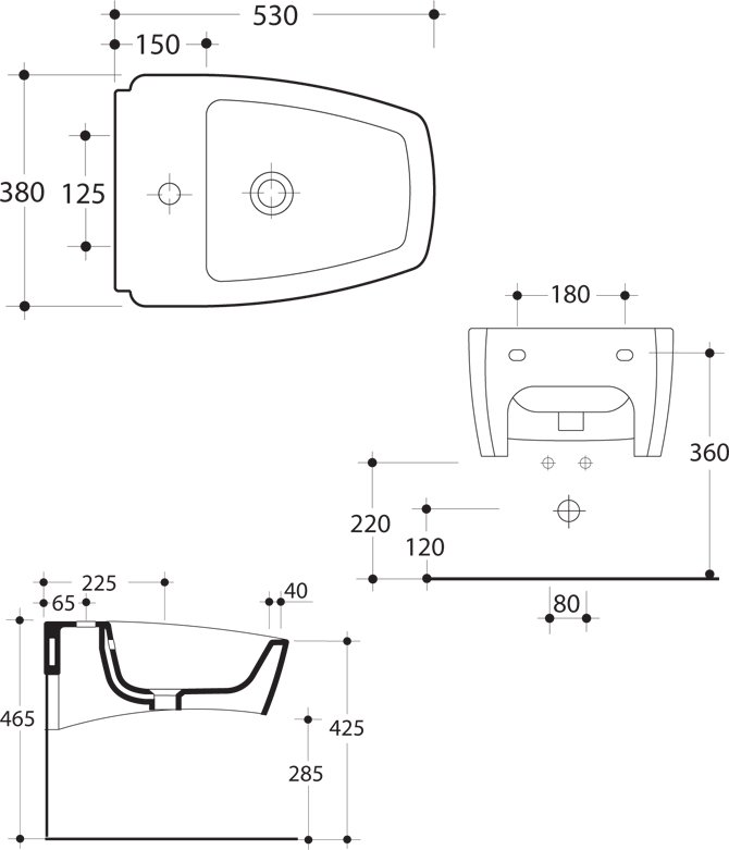 Схема Kerasan биде подвесное  53х38 см коллекция SPA Техническая схема Kerasan биде подвесное  53х38 см коллекция SPA фото цвет цена грн доставка описание