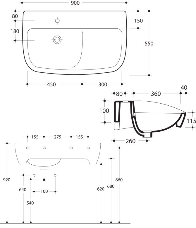 Техническая схема Kerasan умывальник подвесной 3343 90х55 см коллекция SPA фото цвет цена грн доставка описание