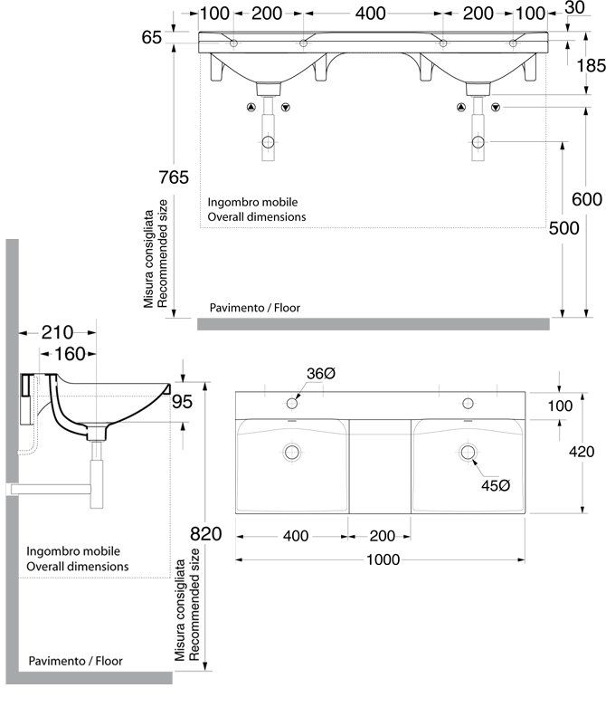 Схема Kerasan умывальник подвесной двойной 3404 100х42 см коллекция Aqua Libre Buddy Техническая схема Kerasan умывальник подвесной двойной 3404 100х42 см коллекция Aqua Libre Buddy фото цвет цена грн доставка описание