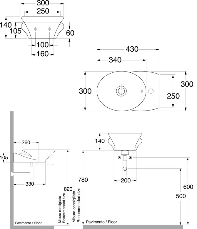 Схема Kerasan умывальник подвесной  3420 30х43 см коллекция Aqua Libre Swan Техническая схема Kerasan умывальник подвесной  3420 30х43 см коллекция Aqua Libre Swan фото цвет цена грн доставка описание