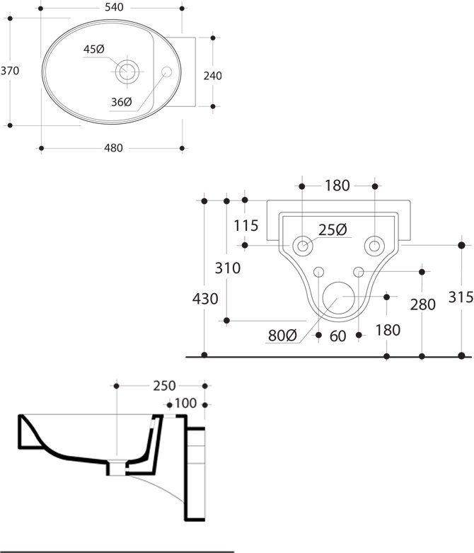 Техническая схема Kerasan биде подвесное овальное  54х37 см коллекция Cento фото цвет цена грн доставка описание