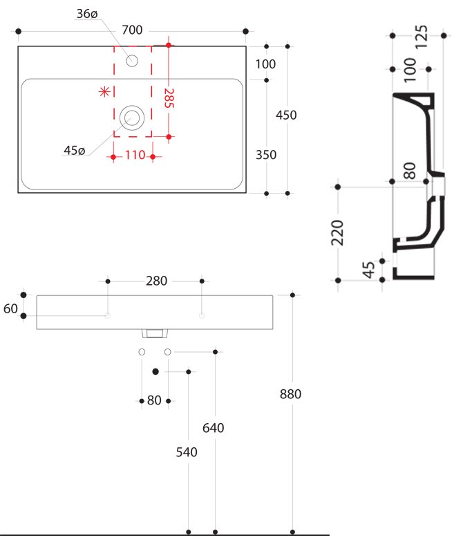 Схема Kerasan умывальник подвесной 3532 70х45 см коллекция Cento Техническая схема Kerasan умывальник подвесной 3532 70х45 см коллекция Cento фото цвет цена грн доставка описание