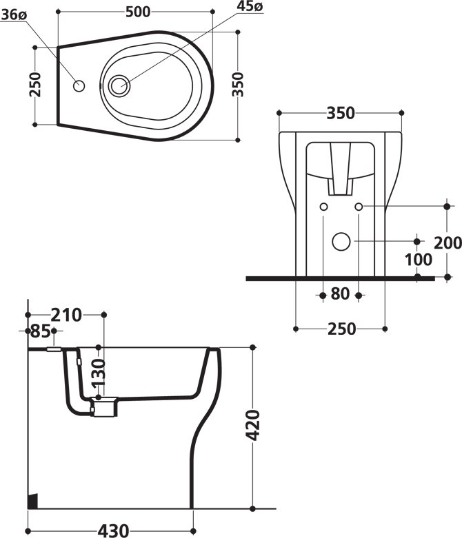 Техническая схема Kerasan биде напольное  50х35 см коллекция K09 фото цвет цена грн доставка описание