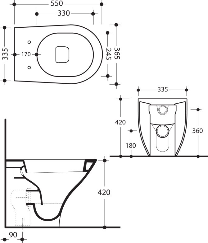 Техническая схема Kerasan унитаз напольный 55х37 см коллекция Aqua Tech фото цвет цена грн доставка описание
