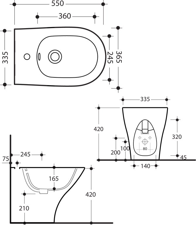 Техническая схема Kerasan биде напольное  55х37 см коллекция Aquatech фото цвет цена грн доставка описание