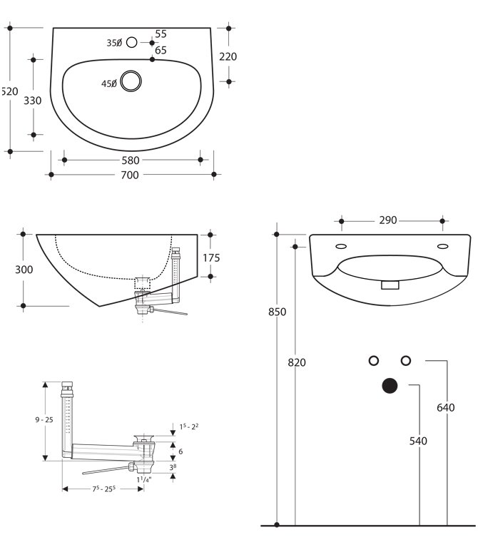 Схема Kerasan умывальник подвесной 3740 70х52 см коллекция Aquatech Техническая схема Kerasan умывальник подвесной 3740 70х52 см коллекция Aquatech фото цвет цена грн доставка описание