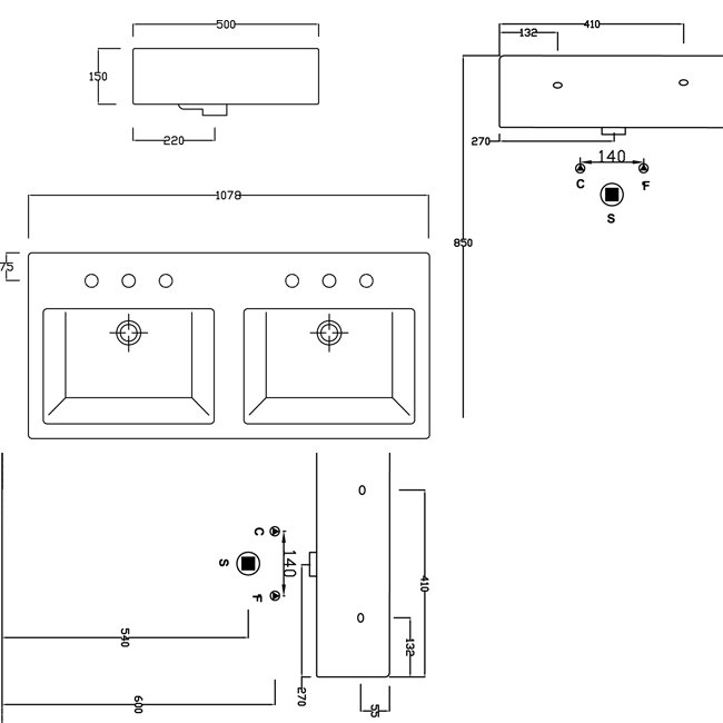 Техническая схема Artceram накладной умывальник L285 108х50 см коллекция Fuori Box фото цвет цена грн доставка описание