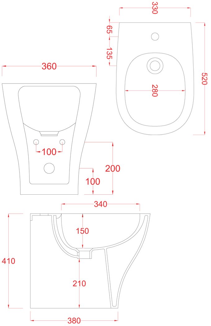 Техническая схема Artceram биде напольное TE25 36х52 см коллекция Ten фото цвет цена грн доставка описание