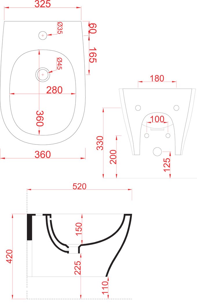 Схема Artceram биде подвесное TE35 36х52 см коллекция Ten Техническая схема Artceram биде подвесное TE35 36х52 см коллекция Ten фото цвет цена грн доставка описание