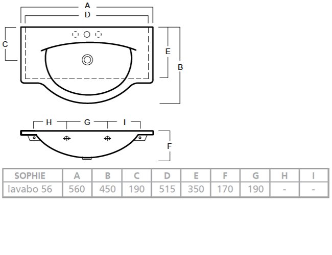 Техническая схема Hatria умывальник моноблок Y0HG 560х450 мм Sophie фото цвет цена грн доставка описание