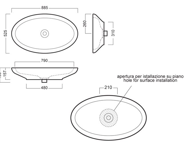 Схема Hatria накладной умывальник Y0MQ 885х525 мм Sculture Техническая схема Hatria накладной умывальник Y0MQ 885х525 мм Sculture фото цвет цена грн доставка описание