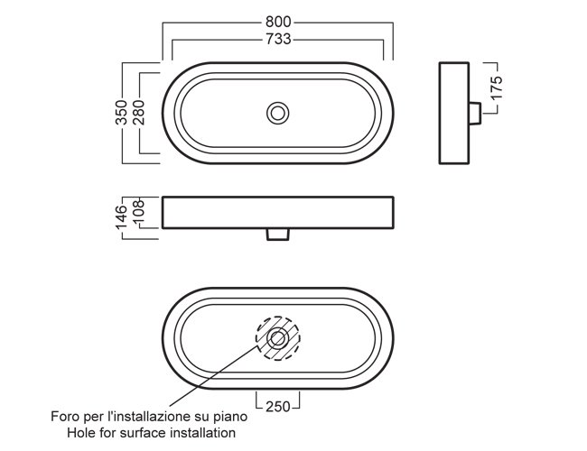 Техническая схема Hatria накладной умывальник Y0UF 800х350 мм Area фото цвет цена грн доставка описание