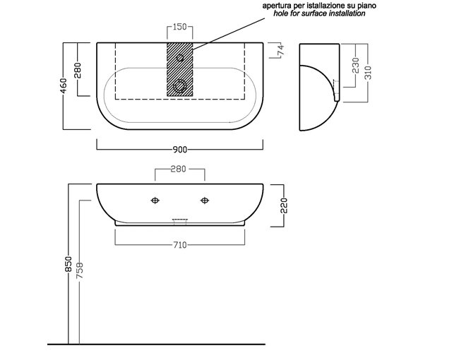 Техническая схема Hatria подвесной умывальник Y0UK 900х460 мм You&Me фото цвет цена грн доставка описание