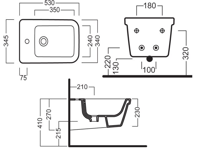 Техническая схема Hatria биде подвесное YXHW 345х530 мм Erika Pro Q фото цвет цена грн доставка описание